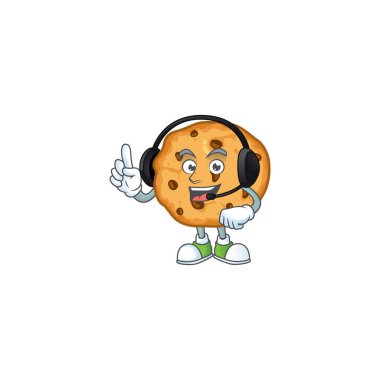 Sweet chocolate chips cookies cartoon character design speaking on a headphone