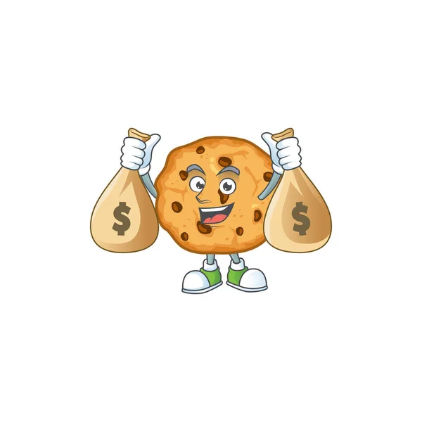 A cute image of chocolate chips cookies cartoon character holding money bags — Stockvector