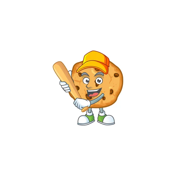 Um ativo saudável chocolate chips cookies mascote estilo de design jogando beisebol — Vetor de Stock