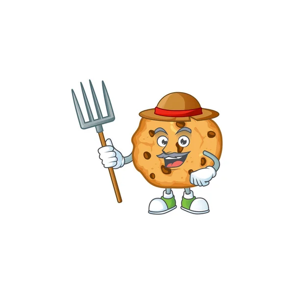 Sweet Farmer chocolate chips cookies cartoon mascot with hat and tools — Stockvector