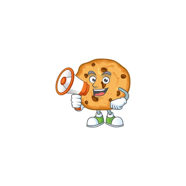 A chilly cartoon character of chocolate chips cookies with a megaphone — Stockvector