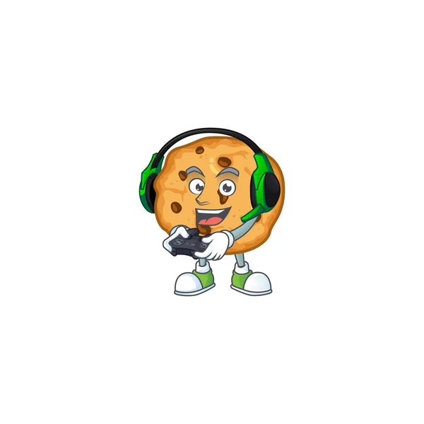 Chocolate chips cookies cartoon picture play a game with headphone and controller — Wektor stockowy