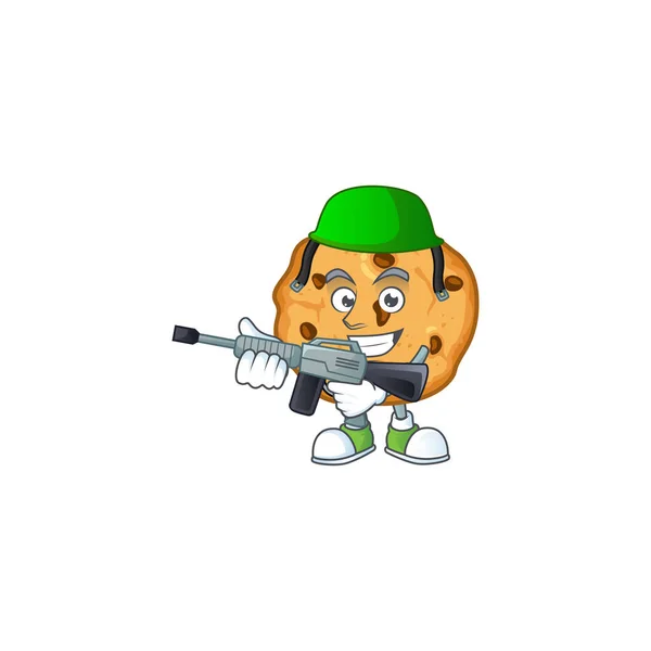 Chocolate chips cookies mascot design in an Army uniform with machine gun — 스톡 벡터