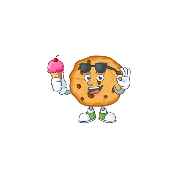 Chocolate chips cookies mascot cartoon style eating an ice cream — Stockvector