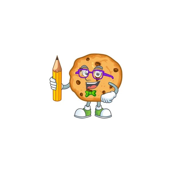 Um ícone de mascote de bolachas de chocolate estudantil personagem segurando lápis — Vetor de Stock