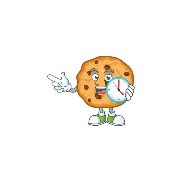 Chocolate chips cookies cartoon character style with a clock — Stockvektor