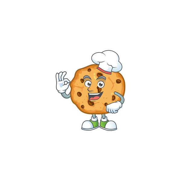 Chocolate chips cookies cartoon character in a chef dress and white hat — Wektor stockowy
