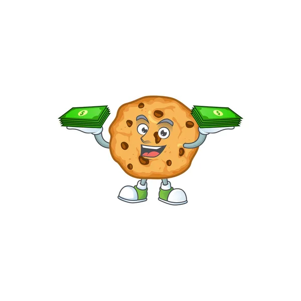 Rich and famous chocolate chips cookies cartoon character with money on hands — Stockvector