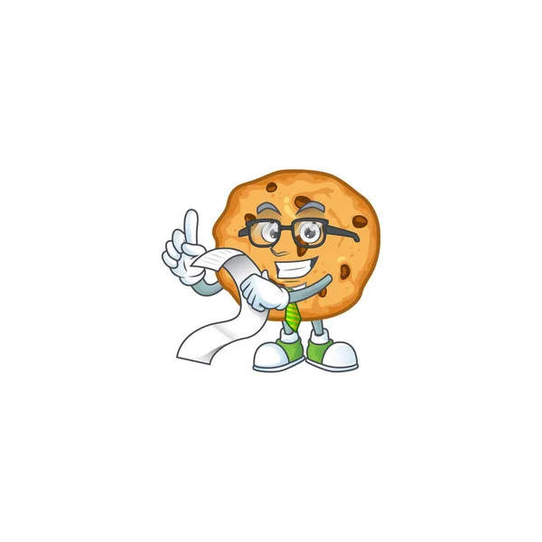 A funny face character of chocolate chips cookies holding a menu — Stockvector