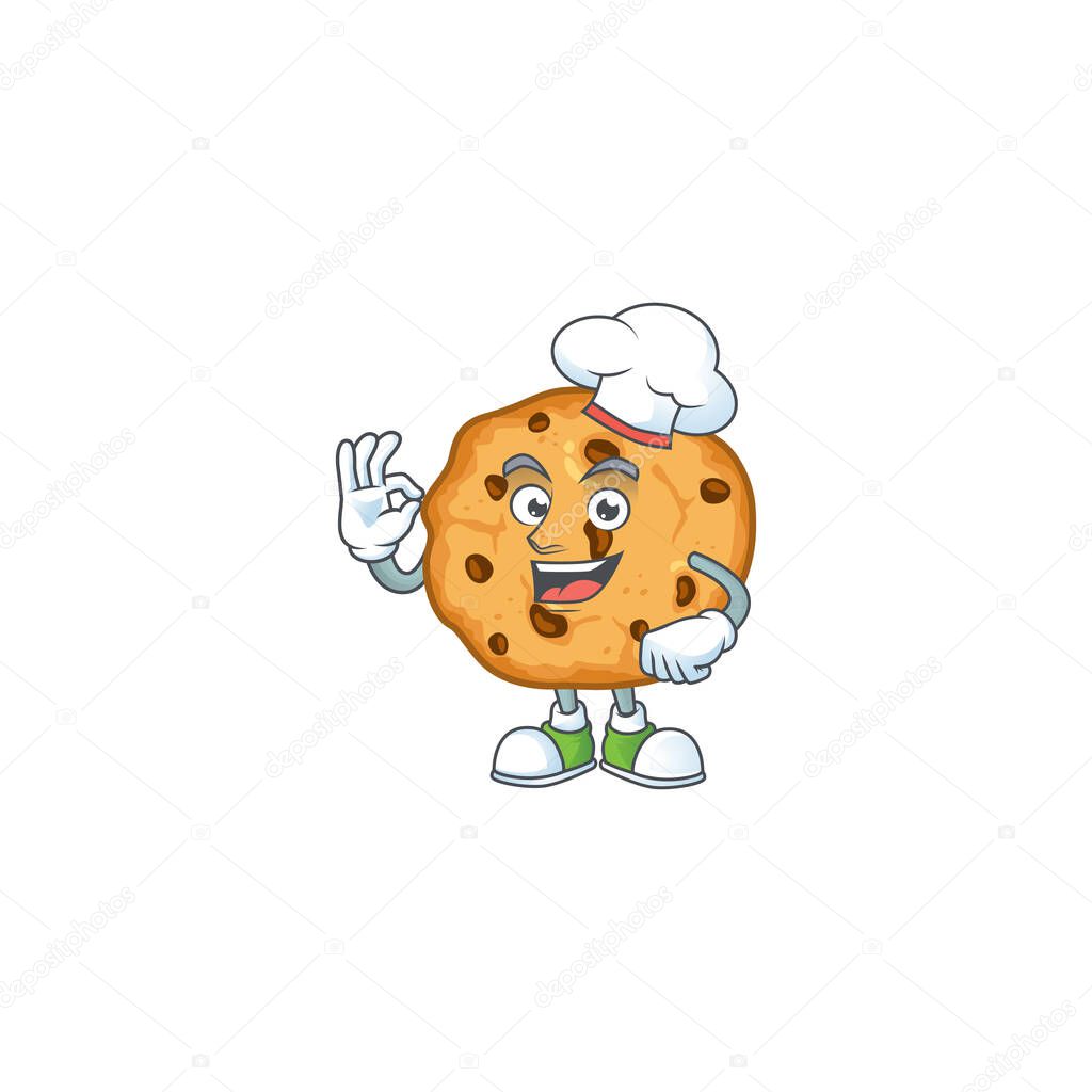 Chocolate chips cookies cartoon character in a chef dress and white hat