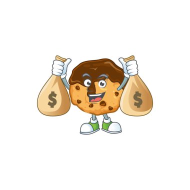 A cute image of chocolate chips with cream cartoon character holding money bags