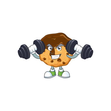 Chocolate chips with cream mascot icon on fitness exercise trying barbells