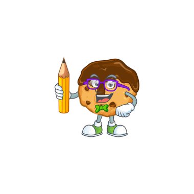 A mascot icon of Student chocolate chips with cream character holding pencil