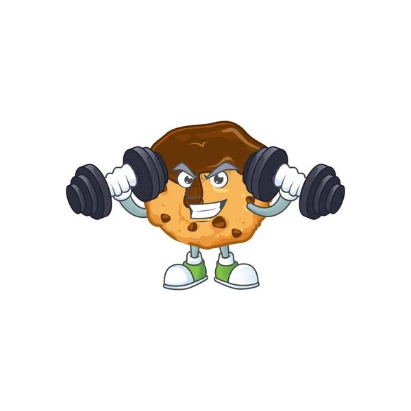 Chocolate chips with cream mascot icon on fitness exercise trying barbells - Stok Vektor