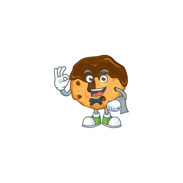 A chocolate chips with cream cartoon mascot working as a Waiter — Stockvector