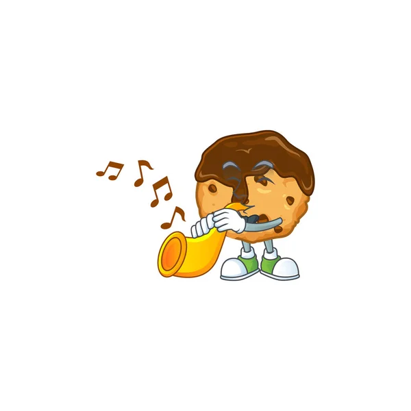 Estilo de personaje de dibujos animados de chips de chocolate con crema tocando una trompeta — Vector de stock