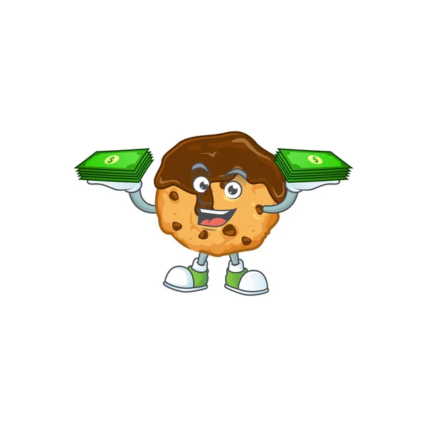 Rich and famous chocolate chips with cream cartoon character with money on hands — Stockvector