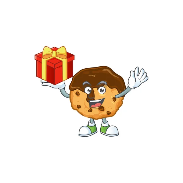 Cartoon character of chocolate chips with cream with a box of gift — Stockvektor