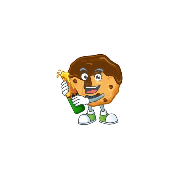 Mascot cartoon design of chocolate chips with cream having a bottle of beer — Stockvector