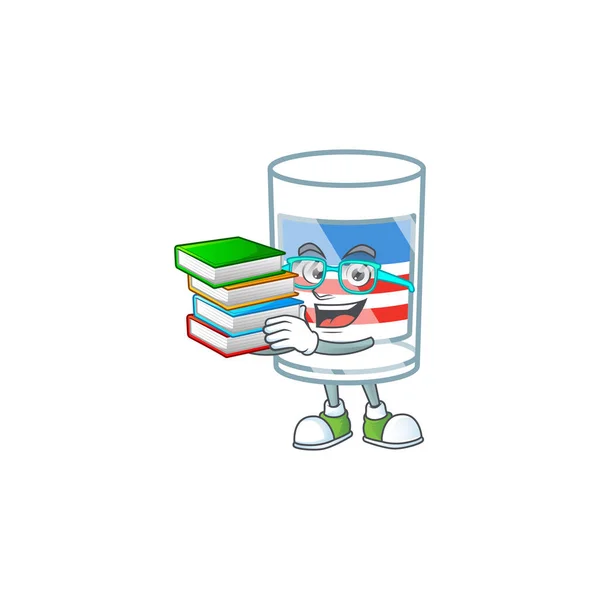 A brainy clever cartoon character of USA stripes glass studying with some books — Stock Vector