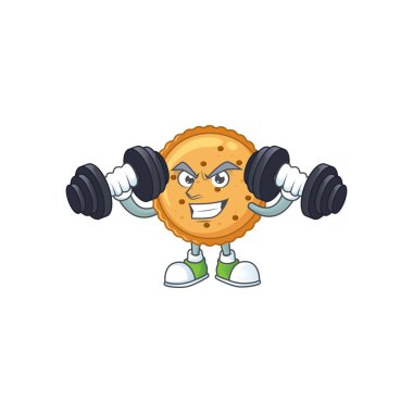 Peanut butter cookies mascot icon on fitness exercise trying barbells