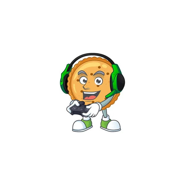 Peanut butter cookies cartoon picture play a game with headphone and controller — Stockvector