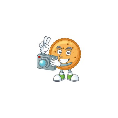 A peanut butter cookies Photographer cartoon character in action with a camera