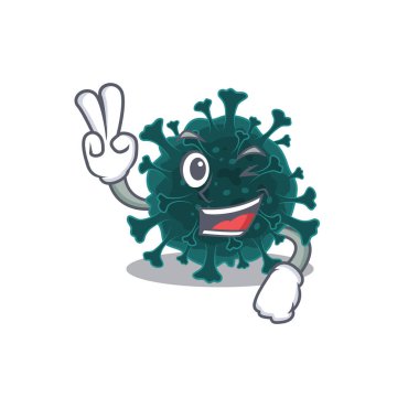Neşeli Coronavirus Covid 19 maskot tasarımı ve iki parmağı var.