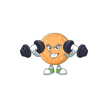 Sugar cookies mascot icon on fitness exercise trying barbells