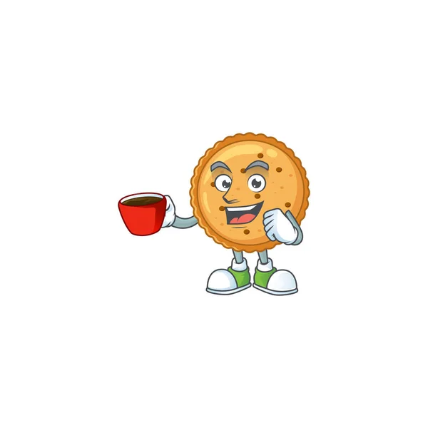 Cool peanut butter cookies cartoon character with a cup of coffee — Stockvector