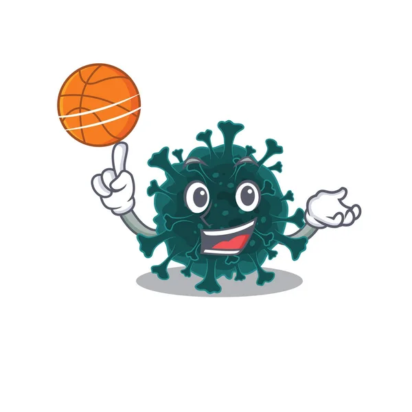 A sporty coronavirus COVID 19 cartoon mascot design playing basketball — Stock Vector