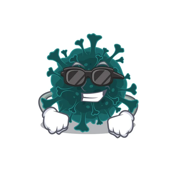 Super cool coronavirus Covid 19 maskot postava nosí černé brýle — Stockový vektor