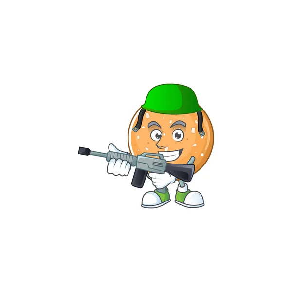 Sugar cookies mascot design in an Army uniform with machine gun — 图库矢量图片