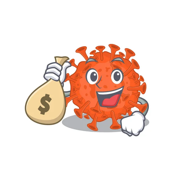 Smiley πλούσιο ηλεκτρονικό μικροσκόπιο coronavirus χαρακτήρα κινουμένων σχεδίων φέρει τσάντες χρήματα — Διανυσματικό Αρχείο