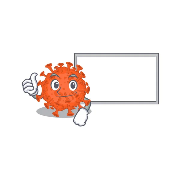 Mignon microscope électronique coronavirus personnage de dessin animé pouces vers le haut apporter un tableau blanc — Image vectorielle