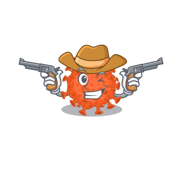 Microscópio eletrônico engraçado coronavírus como um personagem de desenho animado cowboy segurando armas —  Vetores de Stock