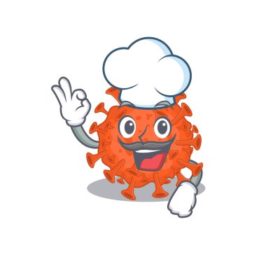 Beyaz şef şapkası takan sevimli elektron mikroskobu Coronavirus çizgi film karakteri