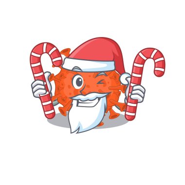 Santa Cartoon karakterindeki dost canlısı elektron mikroskobu koronavirüsü şekere sahip.