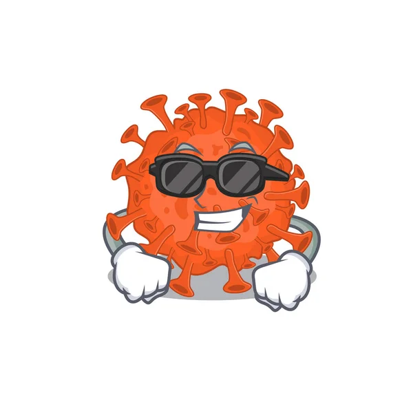 Super cool microscopio electrónico coronavirus mascota personaje con gafas negras — Vector de stock