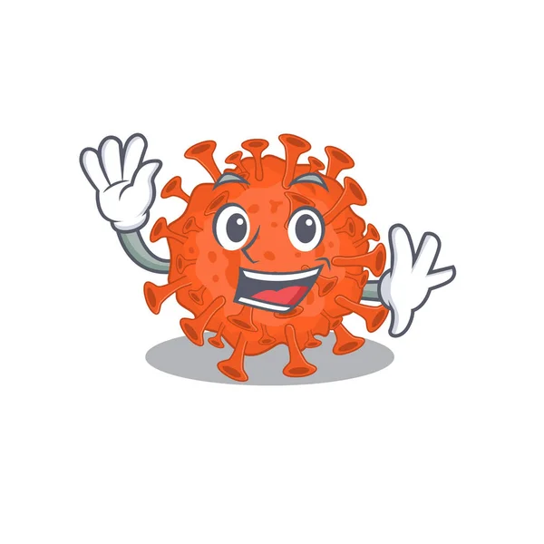 Mosolygós elektronmikroszkóp coronavirus rajzfilm kabala design integető kézzel — Stock Vector