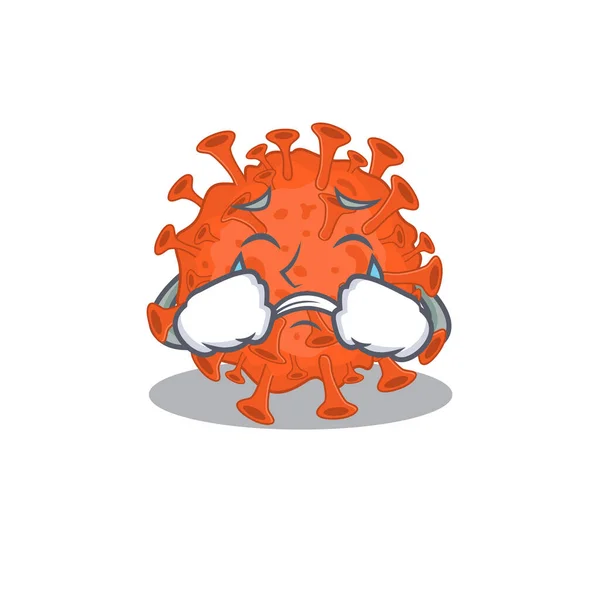 A Choro microscópio eletrônico coronavírus desenho animado mascote estilo — Vetor de Stock