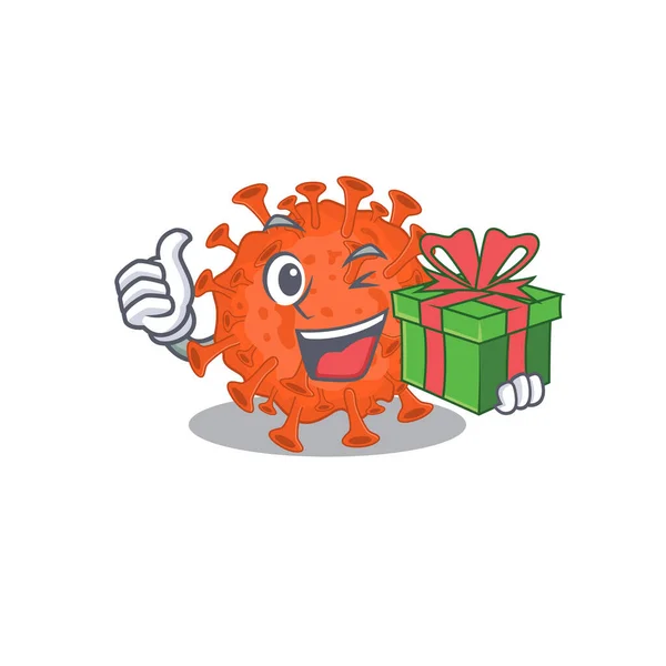 Personaje de dibujos animados Smiley microscopio electrónico coronavirus que tiene una caja de regalo — Vector de stock