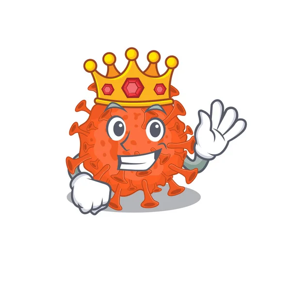 El Rey Real del microscopio electrónico coronavirus diseño de personajes de dibujos animados con corona — Vector de stock