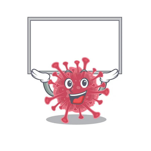 Happy cartoon character of coronavirus disease raised up board — Stock Vector