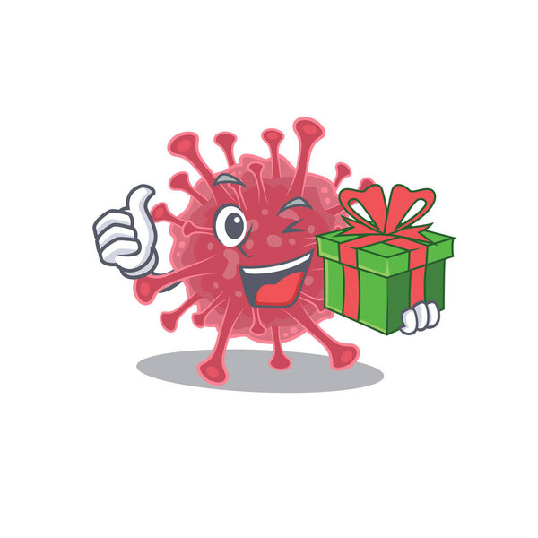 Персонаж мультфильма о коронавирусе со смайликом и подарочной коробкой
