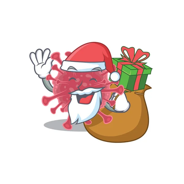 Santa coronavirus Disegno del personaggio del cartone animato con scatola di regalo — Vettoriale Stock
