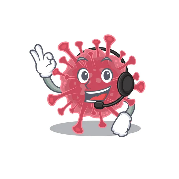 Encantador coronavirus enfermedad dibujos animados diseño de personajes con auriculares — Vector de stock