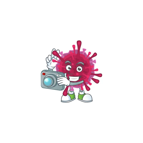 Una ameba coronavirus Fotógrafo personaje de dibujos animados en acción con una cámara — Archivo Imágenes Vectoriales