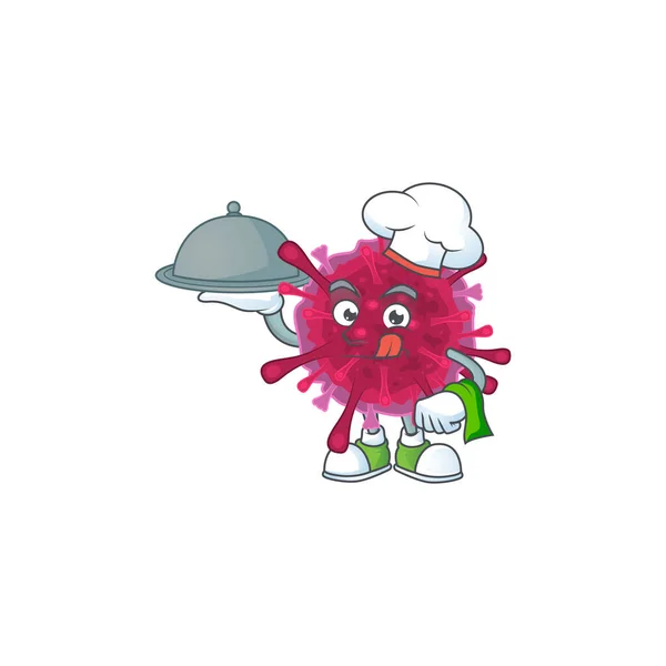 Un icono de ameba coronavirus como Chef con comida en bandeja lista para servir — Vector de stock