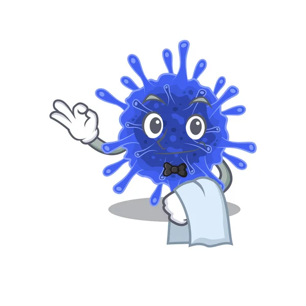 Un diseño de la bacteria coronavirus personaje de dibujos animados trabajando como camarero — Vector de stock